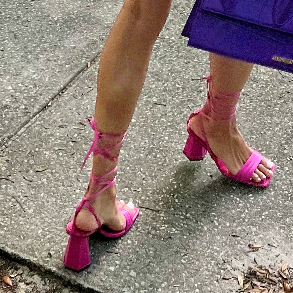 Zara Geometric Heeled Satin Sandals - Picture 16 of 16